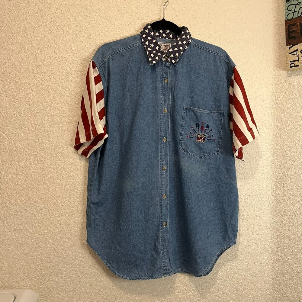 Quizz Again Shirt America 4th July Button USA Teddy Embroidered Vintage Y2K Sz L - Picture 11 of 11